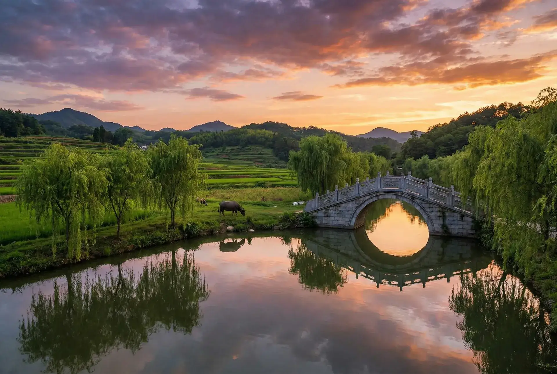 夕阳下的石拱桥与垂柳，水牛在河边吃草 - 夹一天不能掉晚上我检查视频 乡村美景